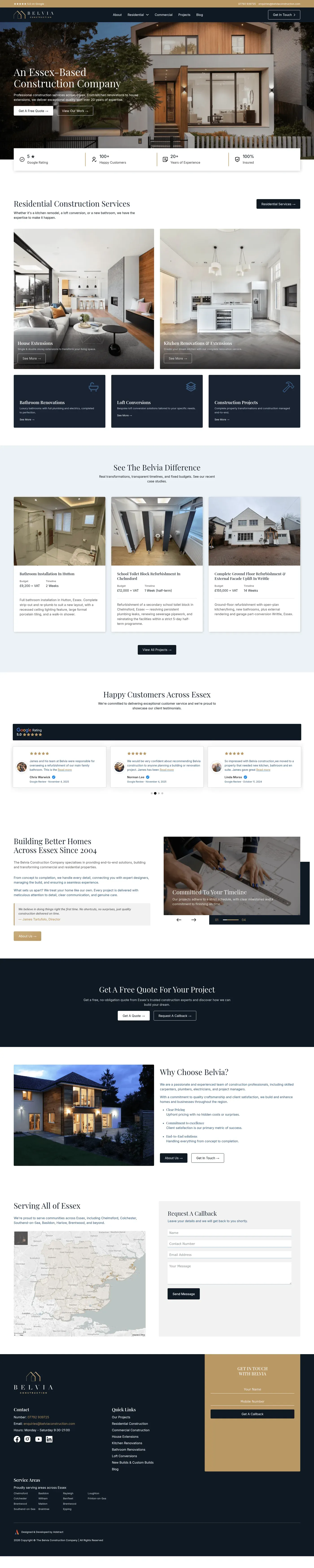 Belvia Construction company website homepage