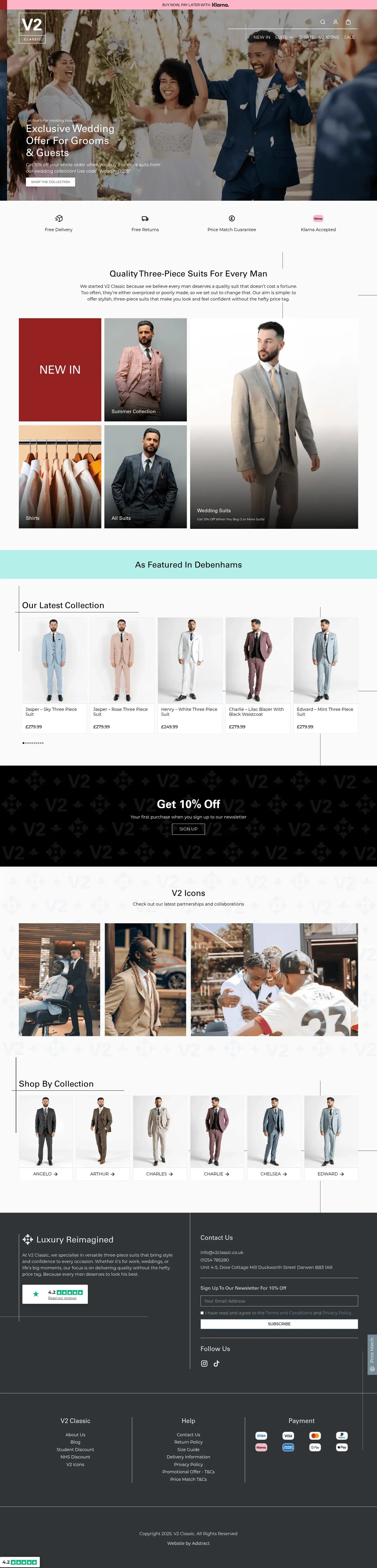 V2 Classic men's suits website homepage